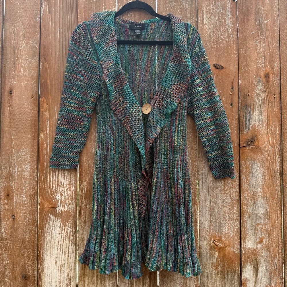 Kaktus Women’s Blue Green Pink Multi Color Open Knit Cardigan Sweater Large